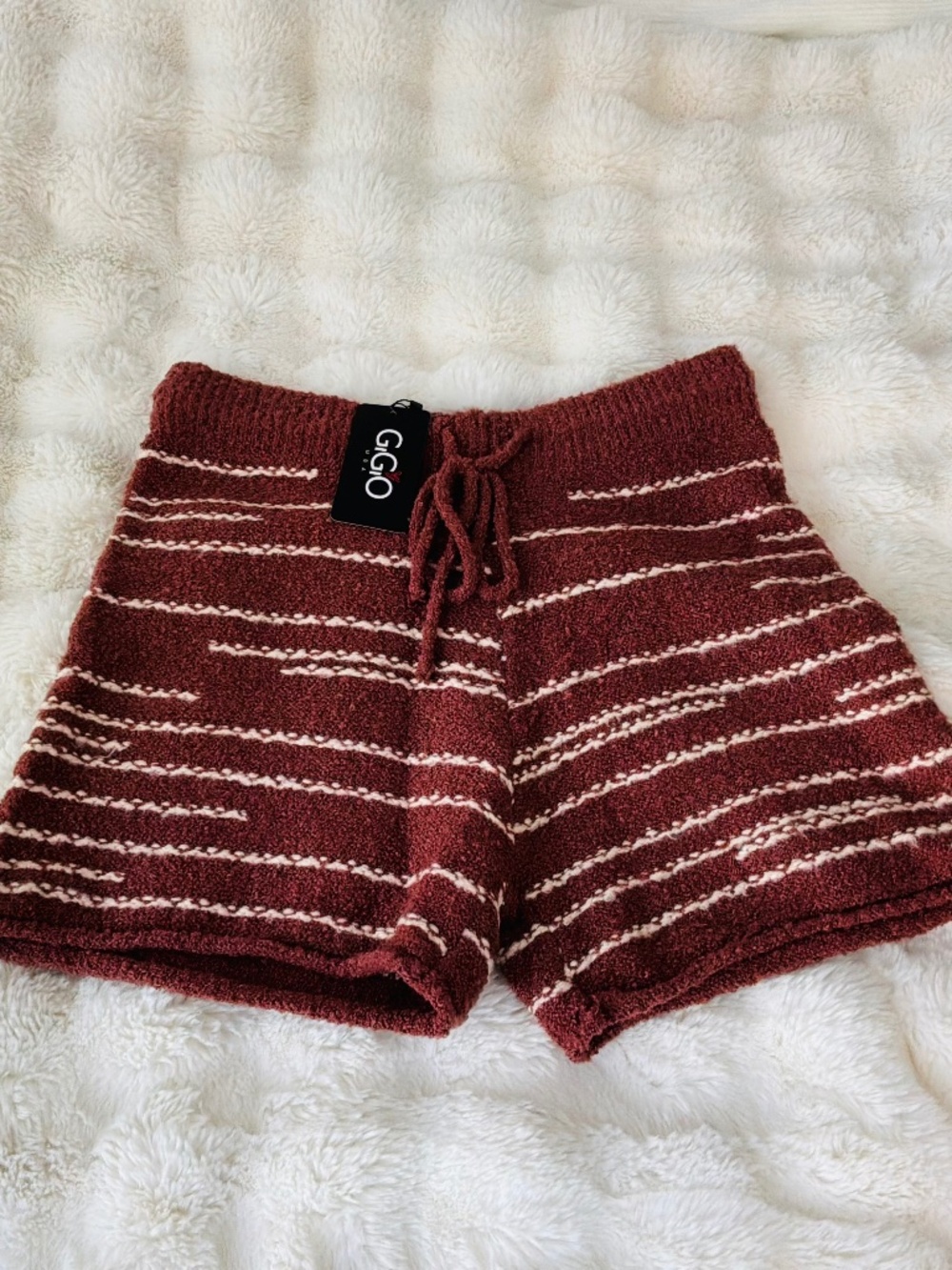 GiGIO USA COZY knit Striped Lounge Shorts Burgundy Rust Cream Size M